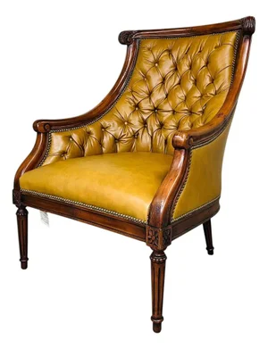 Louis XVI Style Tufted Golden Cognac Leather Lounge Chair by Old Hickory Tannery