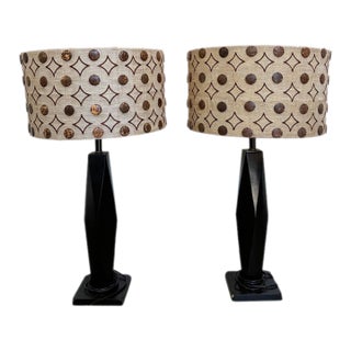 Organic Modern Palecek Black Faceted Wood Table Lamps With Coconut Shell Drum Shades - Pair For Sale