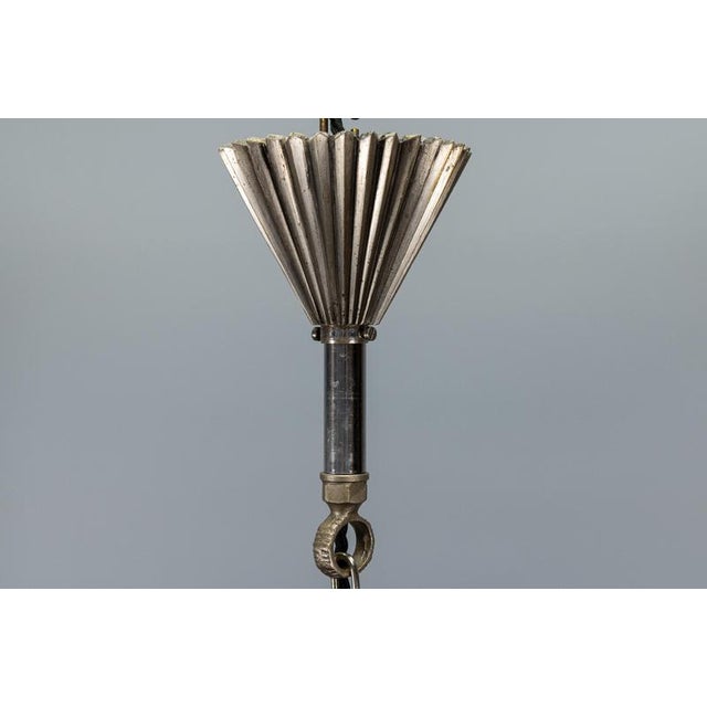 1930s Art Deco French Bronze and Frosted White Glass Six-Light Chandelier, 1930s For Sale - Image 5 of 18