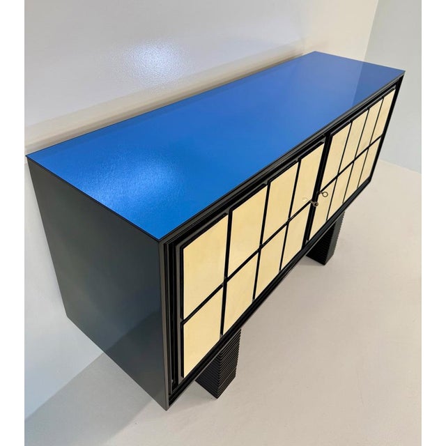 Glass Italian Art Deco Sideboard in Parchment with Black Lacquer and Blue Mirror, 1940s For Sale - Image 7 of 18