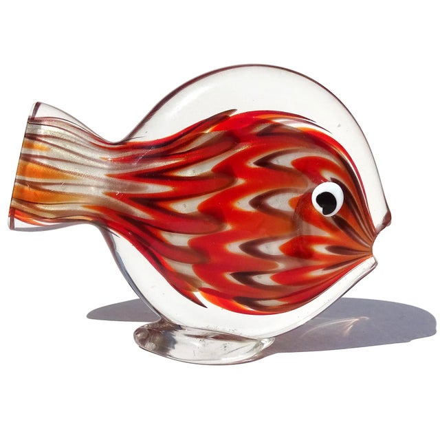 Mid 20th Century Vintage Murano Red Orange White Gold Flecks Italian Art Glass Flat Fish Figure Sculpture Paperweight For Sale - Image 5 of 11