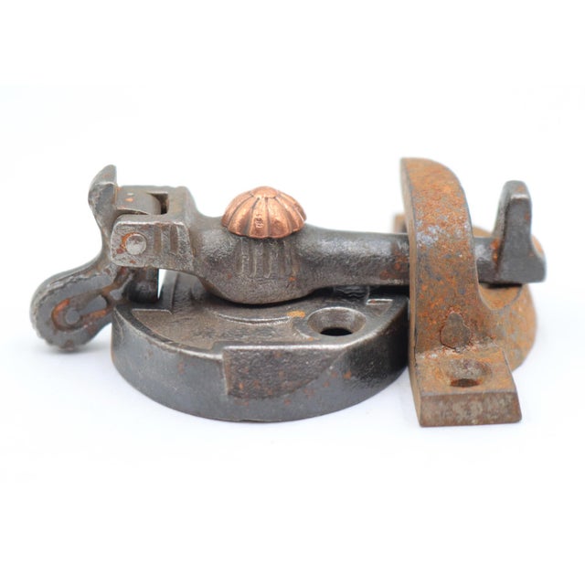 Traditional Antique Cast Iron Window Lock With Copper Plated Brass Button For Sale - Image 3 of 4