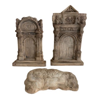 Set of 3 Vintage Plaster Architectural Wall Plaques With Renaissance Doorway Reliefs & Cherub Fragment For Sale