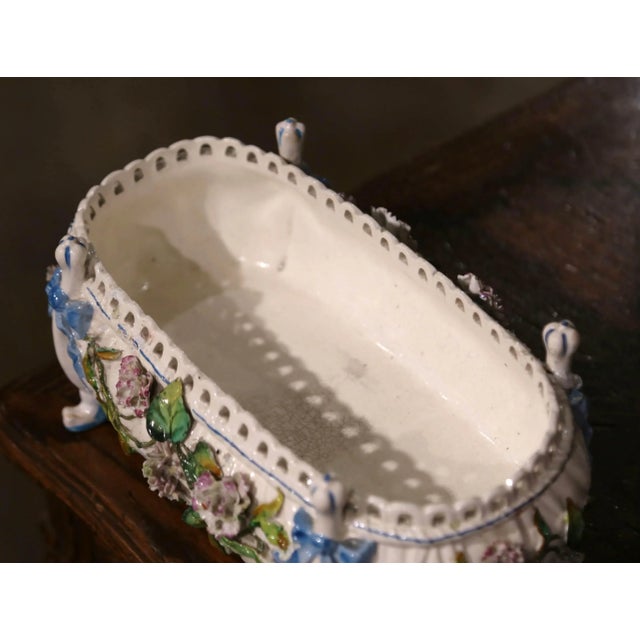 White 19th Century French Painted Porcelain Barbotine Jardiniere With Floral Motifs For Sale - Image 8 of 10