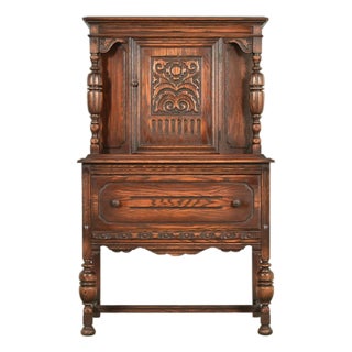 Berkey & Gay Style Antique English Jacobean Carved Oak Bar Cabinet, Circa 1920s For Sale