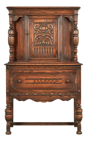 Berkey & Gay Style Antique English Jacobean Carved Oak Bar Cabinet, Circa 1920s