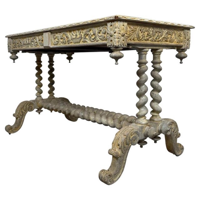 Wood Antique Victorian Oak Writing Table with Carved Decoration For Sale - Image 7 of 11