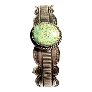 1980s Sterling Silver and Turquoise Cuff Bracelet by American Indian Alex Sanchez For Sale
