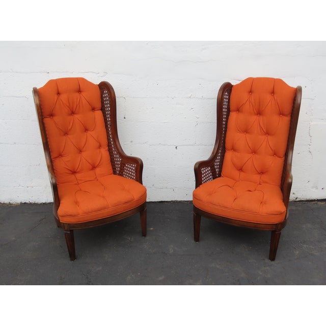 Hollywood Regency Extra Tall Caned Wing Back Livingroom Side Chairs a Pair 6654 For Sale - Image 16 of 17