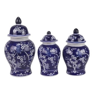 Set of 3 Navy Cherry Blossom Food Safe Jars For Sale