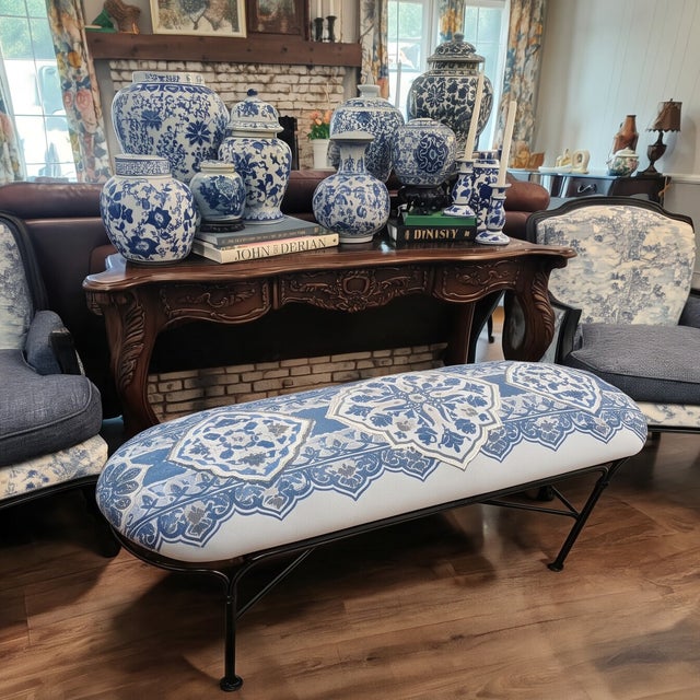 Late 20th Century Custom Blue & White Chinoiserie Upholstered Bench With Black Iron Base For Sale - Image 5 of 8