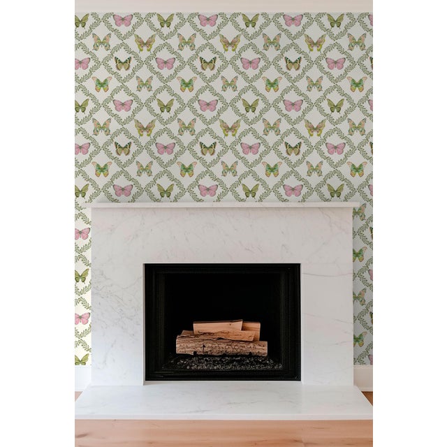 Textile Butterfly Trellis Pastel Grasscloth Wallpaper by House Party | 8 Yards For Sale - Image 7 of 10
