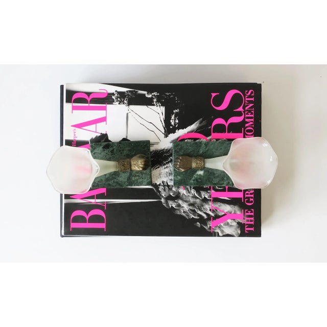 Figurative Bronze Art Glass & Green Marble Base Sculpture Vases - A Pair For Sale - Image 3 of 13