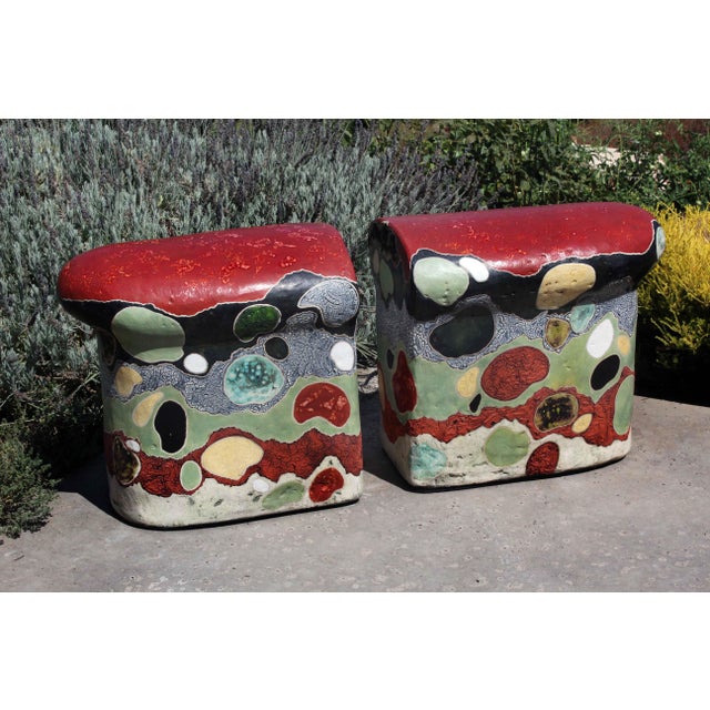 Contemporary "Gemstones" by Michael Gustavson, Raku Ceramic Functional Bench Sculpture, Deep Red Black and Jewel Tones, Contemporary California Art, Vibrant Colors For Sale - Image 3 of 5