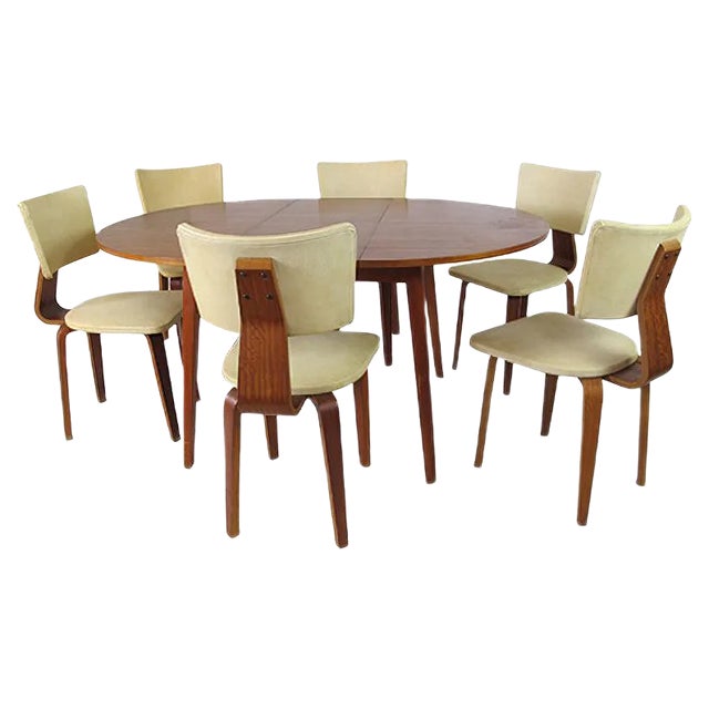 Mid-Century Modernist Vintage Plywood Dining Chairs & Extendable Table by Cor Alons for Gouda den Boer, Set of 7 For Sale