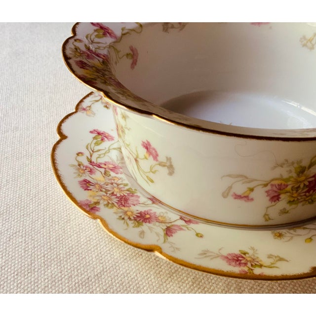 Limoges Floral Soufflé Bowl With Underplate, Gilt Scalloped Rim | Elite Works | C. 1900 For Sale - Image 13 of 18