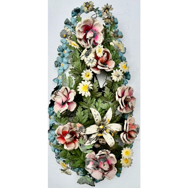 French Country Italian Tole Floral Wall Sculptures, Pair, Circa 1950 For Sale - Image 3 of 15