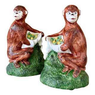 Pair of Vintage Italian Ceramic Monkey Figurines With Lemon Garlands For Sale