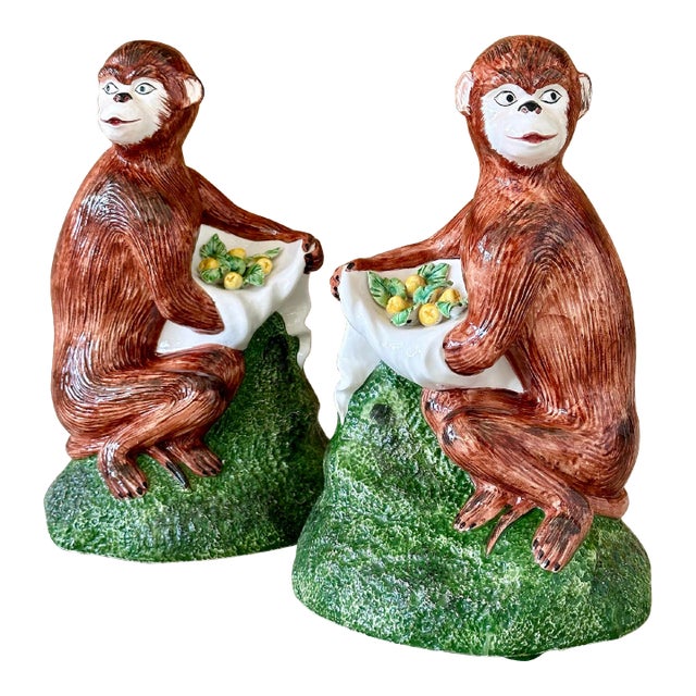 Pair of Vintage Italian Ceramic Monkey Figurines With Lemon Garlands For Sale