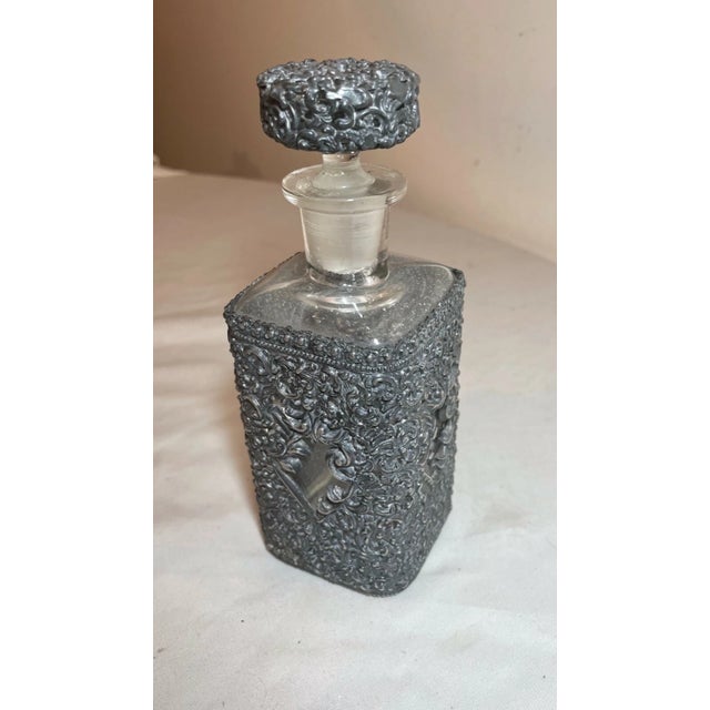 1930s Antique Ornate Reticulated Perfume Cologne Metal Glass Silverplate Bottle Scent For Sale - Image 5 of 10