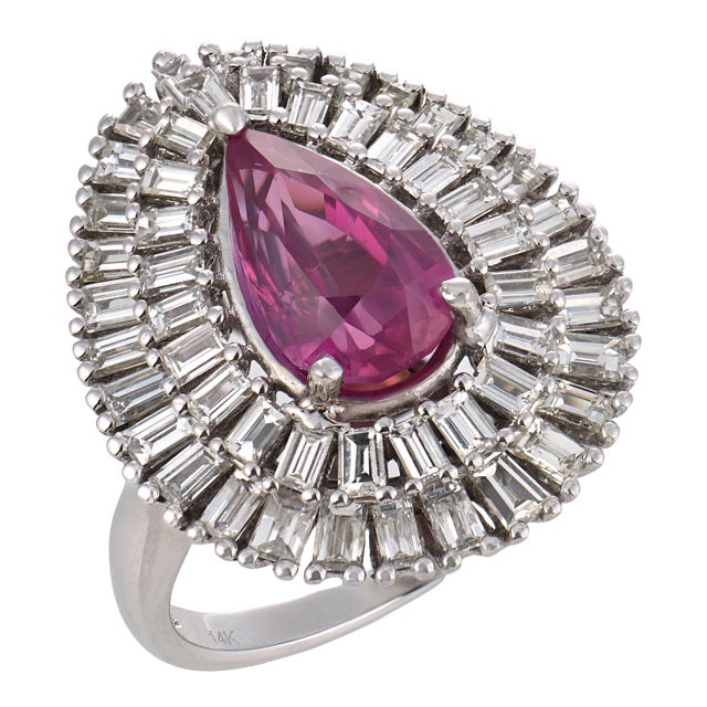 Vintage Gia 2.84 Carat No Heat Pink Sapphire Diamond White Gold Ballerina Ring, Size 6.5 For Sale