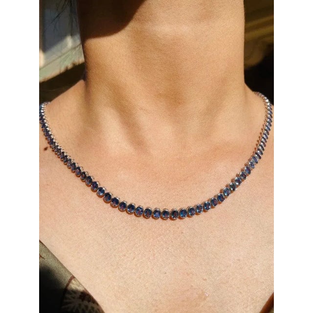 Certified 20.6 Ct Blue Sapphire Wedding Tennis Necklace in 18k White Gold For Sale - Image 4 of 8