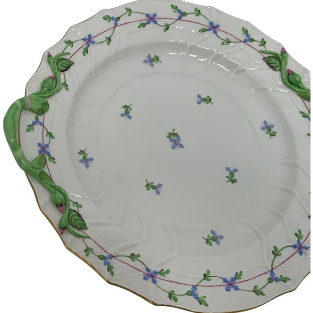 Traditional Herend Blue Garland PBG Model 1173 Handled 12-Inch Chop Plate Round Serving Platter Hungary C. 1960-1980 Discontinued For Sale - Image 3 of 8