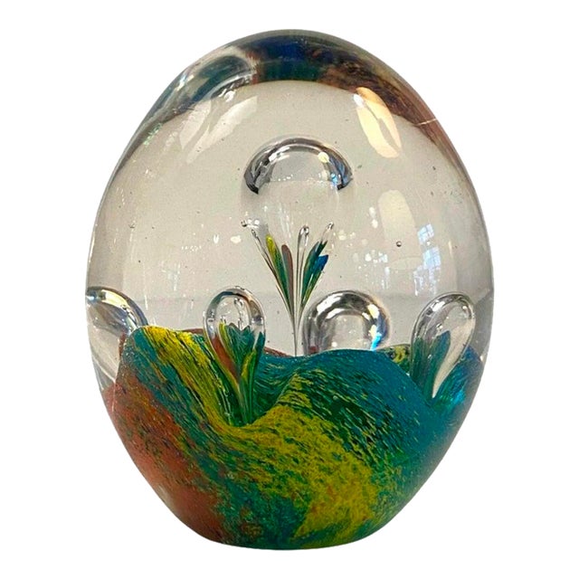 1980s Italian Murano Style Rainbow Bubble Art Glass Paperweight For Sale