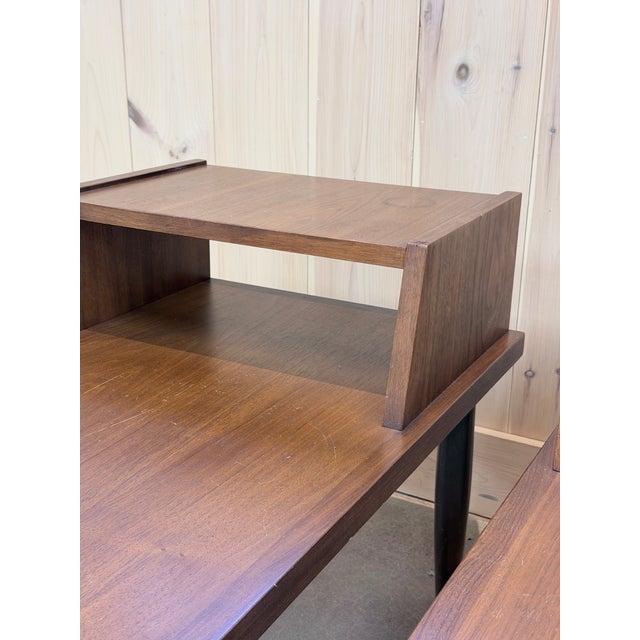 Pair of Vintage Mid-Century Modern Walnut Step Side Tables With Magazine Shelves For Sale In New York - Image 6 of 7