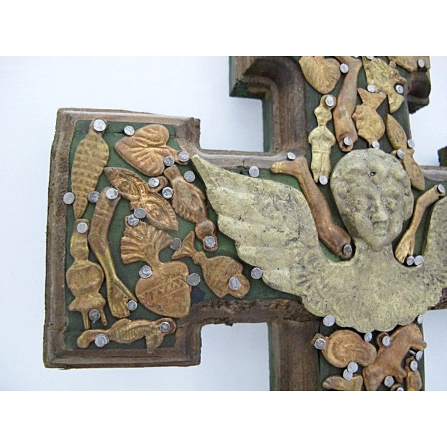 Early 20th Century Milagros Mexico Folk Art Nailed Charms Guardian Angel Cherub Cross For Sale - Image 5 of 11