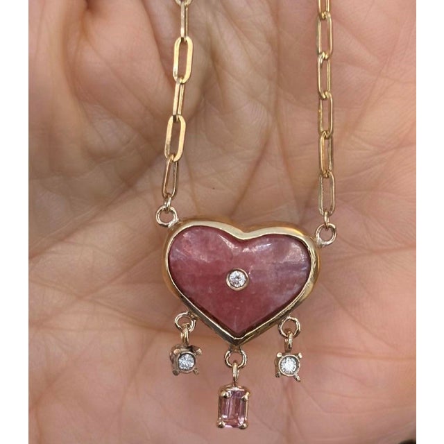 Rhodochrosite Heart Necklace With Diamonds, Spinel & 14k Gold Paperclip Chain For Sale - Image 4 of 7