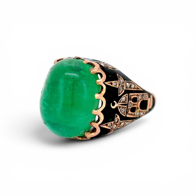 19th Century Antique Ottoman Gold Ring — 12ct Natural Emerald & Diamonds | 19th Century, Size 6 For Sale - Image 5 of 8