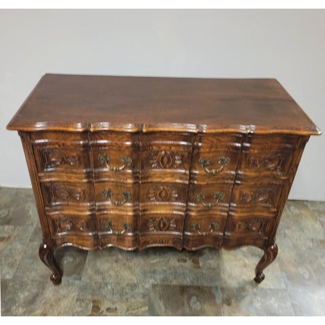 French Provincial Early 20th C French Louis XV Provincial Carved Oak Arbalète Commode or Chest of Drawers For Sale - Image 3 of 13