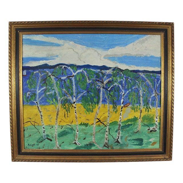 Albin Amelin, Scandinavian Seascape with Birch Trees, Oil on Canvas, 1957 For Sale