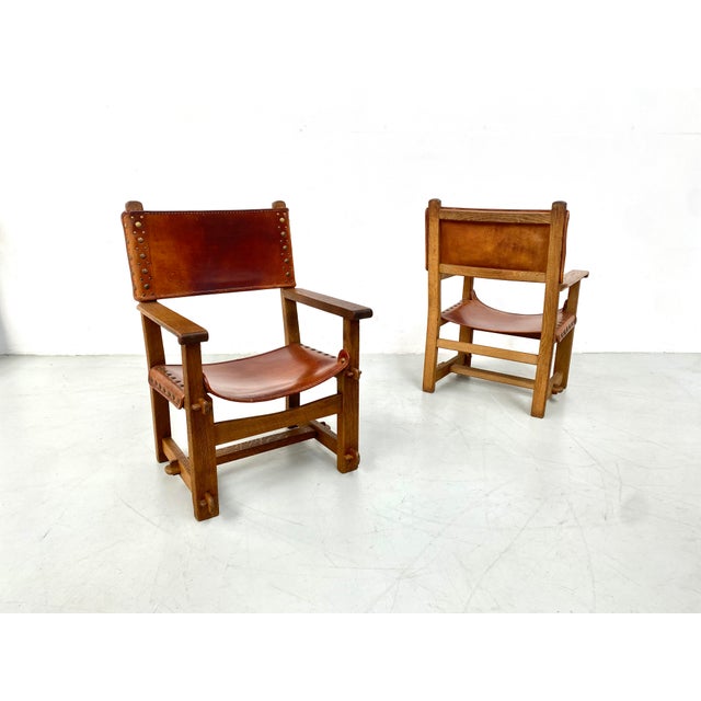 Vintage French Brutalist Castle Armchairs in Oak and Cognac Leather, 1920s, Set of 2 For Sale - Image 3 of 13