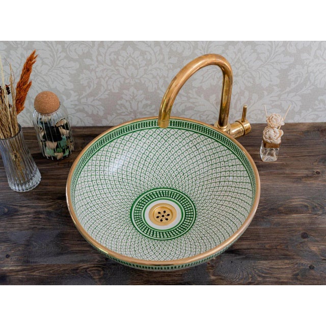 14 Karat Gold Rim Ceramic Sink for Bathroom Handmade For Sale - Image 4 of 4