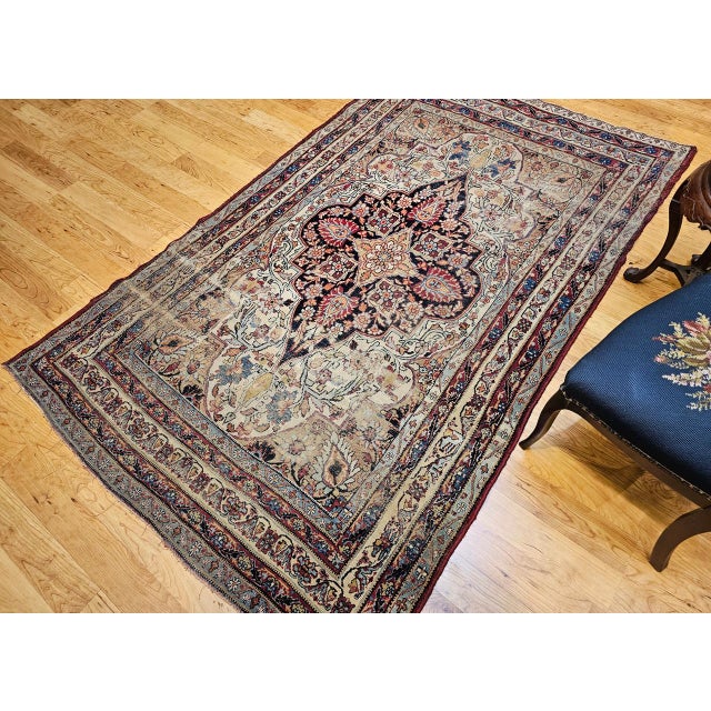 Persian 19th Century Persian Kerman Lavar Rug, Hand-Knotted Wool, Floral Pattern, Ivory & Red, 5x8 For Sale - Image 3 of 18