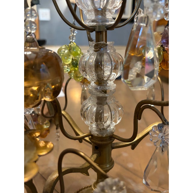 Brass Pair 3-Arm French Gilt Brass Crystal Fruit and Crystal Candelabra, Made in France, Mid-Century Hollywood Regency For Sale - Image 8 of 12