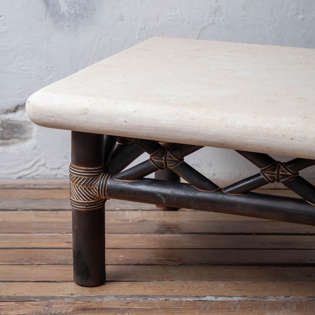 Shou Sugi Ban bamboo coffee table with a tessellated stone top and leather-lashed joints, 1980s. A refinished bamboo base...