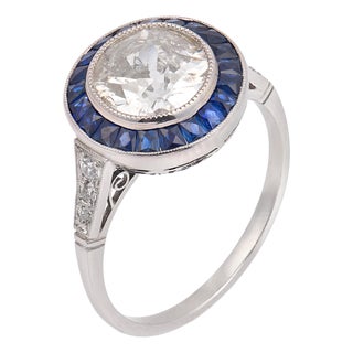 Art Deco Style 1.87 Carat Old European Cut Diamond Sapphire Engagement Ring, Size 6.5 For Sale