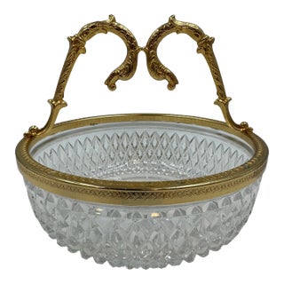French Lead Crystal and 24k Gilt Bronze Double-Scroll Handle Centerpiece Bowl For Sale