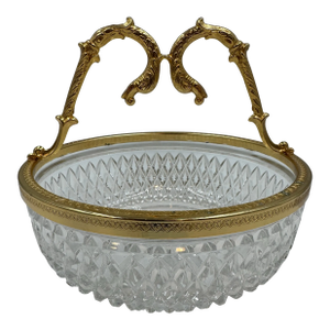 French Lead Crystal and 24k Gilt Bronze Double-Scroll Handle Centerpiece Bowl