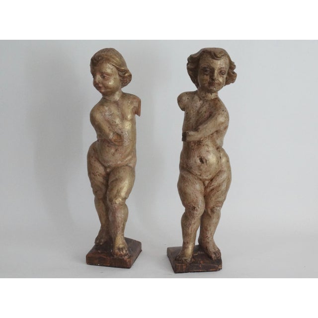 Gold Antique Italian Carved Wood Gilt Putti Angels Sculptures, S/2 For Sale - Image 8 of 11