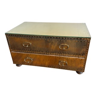 Vintage Sarreid Ltd. Handcrafted in Spain Brass-Clad Campaign Coffee Table With Two Drawers and Glass Top For Sale