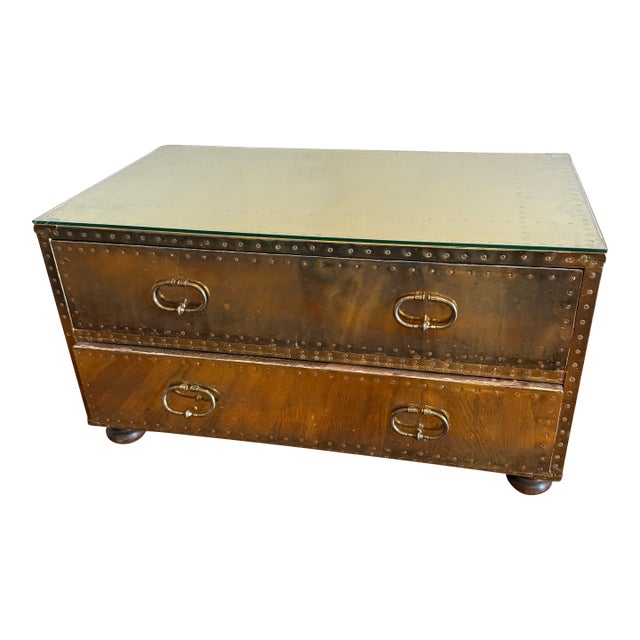 Vintage Sarreid Ltd. Handcrafted in Spain Brass-Clad Campaign Coffee Table With Two Drawers and Glass Top For Sale