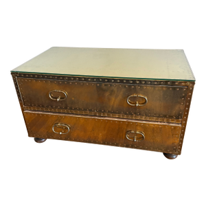 Vintage Sarreid Ltd. Handcrafted in Spain Brass-Clad Campaign Coffee Table With Two Drawers and Glass Top
