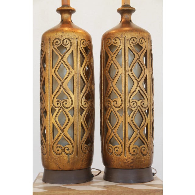1960s Gorgeous Golden Mid-Century Brutalist Cut-Out Large Ceramic Table Lamps - A Pair For Sale - Image 15 of 17