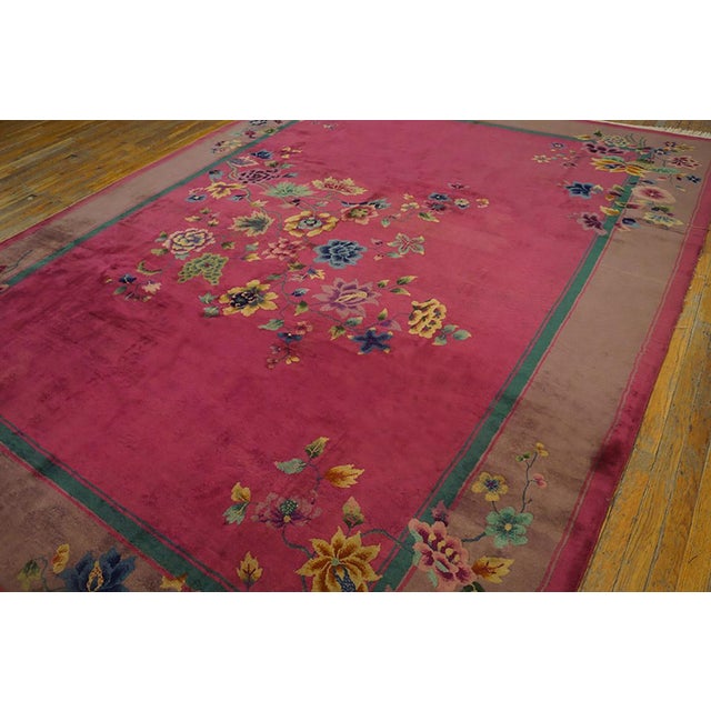 Early 20th Century 1920s Pink Floral Antique Chinese Art Deco Rug 9' X 11'6" Handknotted Wool Carpet For Sale - Image 5 of 6