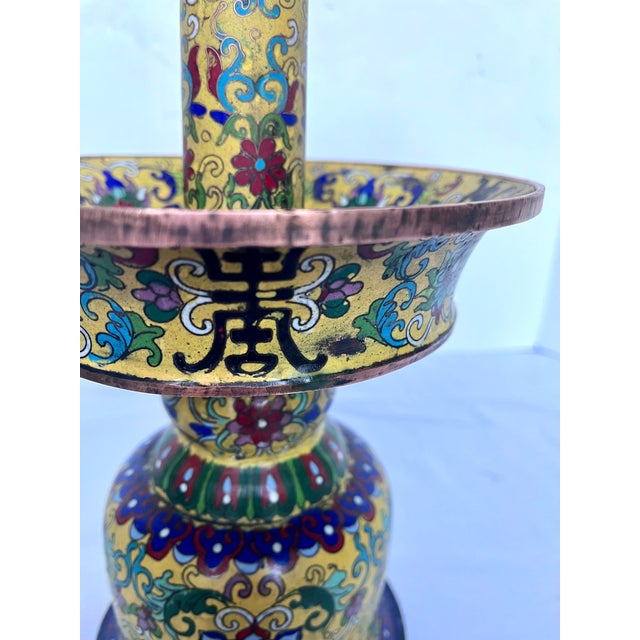 19th Century Chinese Imperial Yellow Cloisonné Enamel Pricket Candle Holders - A Pair For Sale - Image 9 of 18