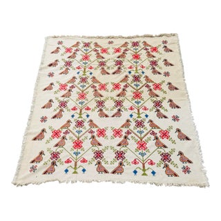 Vintage Hand-Embroidered Folk Textile or Thin Rug – Large Eastern European Tapestry With Birds & Floral Motifs (79” X 104”) For Sale